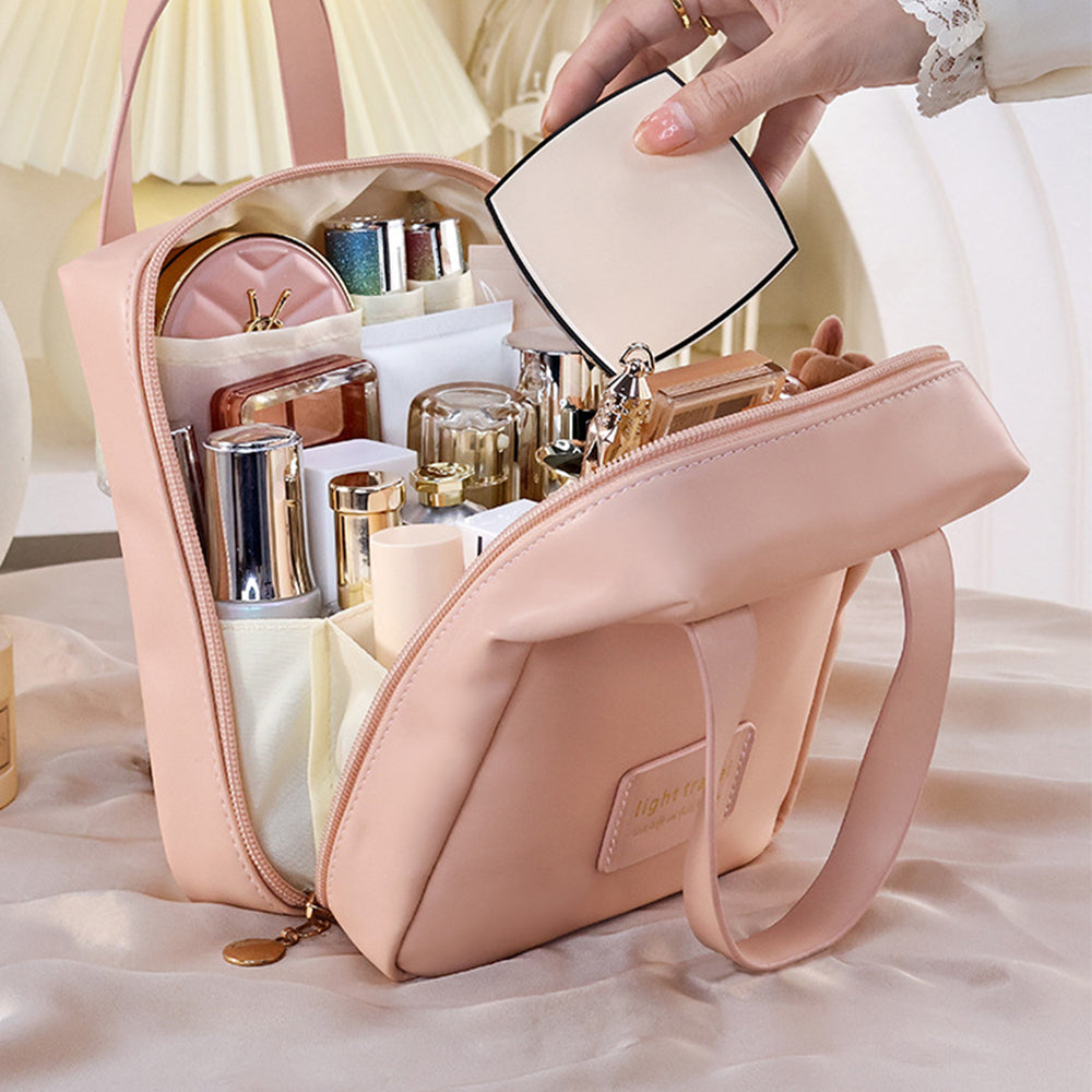 PU Leather Travel Cosmetic Bag Multi-function Storage Bag with Handle Pink