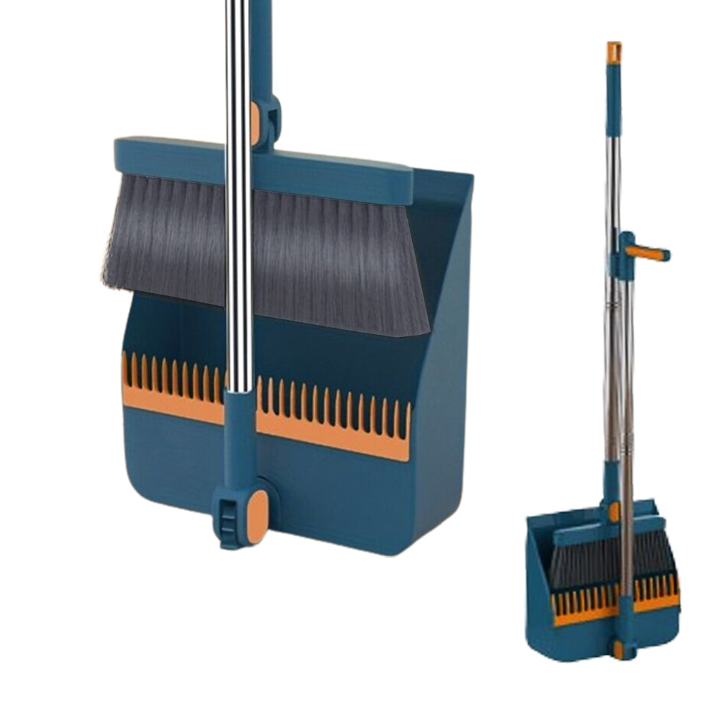 180 Degree Rotatable Broom with Foldable Standing Dustpan for Cleaning Blue