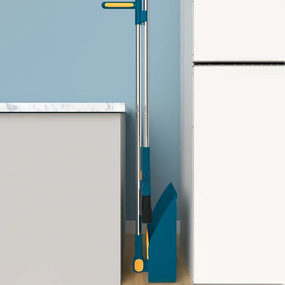 180 Degree Rotatable Broom with Foldable Standing Dustpan for Cleaning Blue