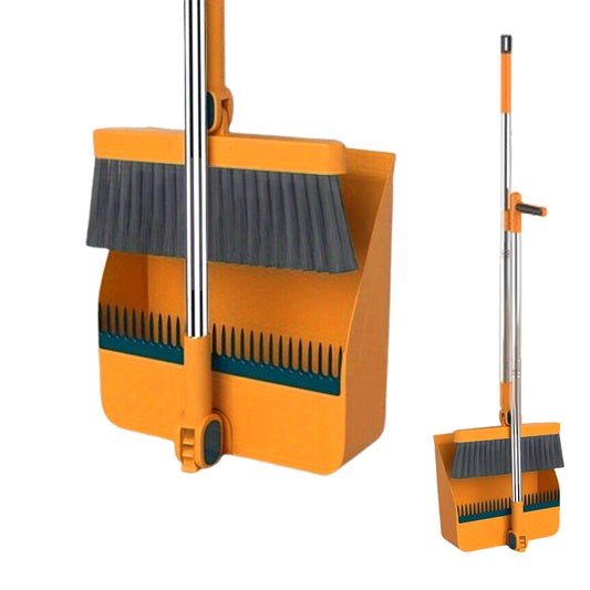 180 Degree Rotatable Broom with Foldable Standing Dustpan for Cleaning Orange