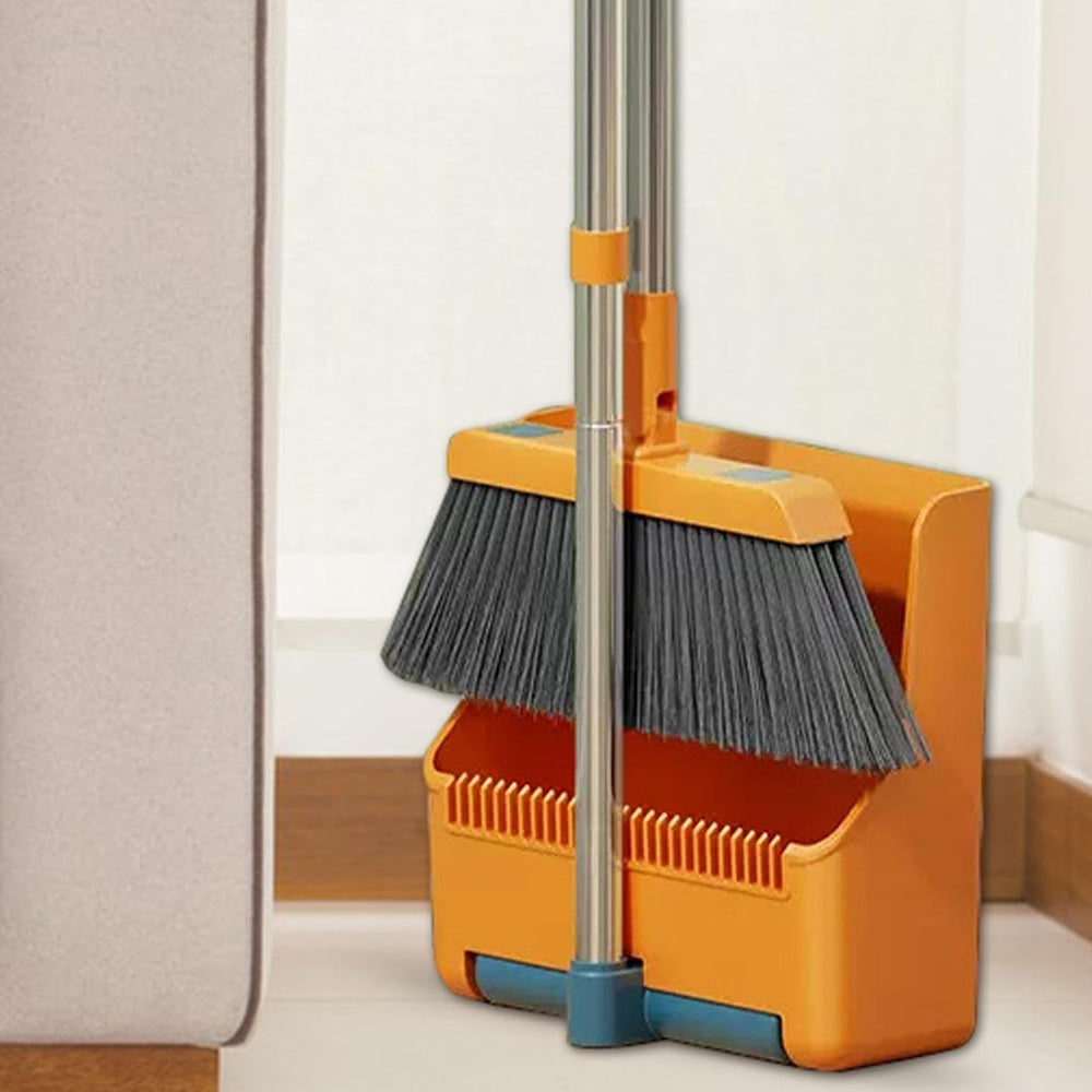 180 Degree Rotatable Broom with Foldable Standing Dustpan for Cleaning Orange