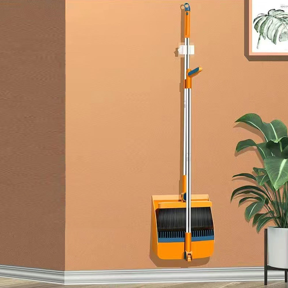 180 Degree Rotatable Broom with Foldable Standing Dustpan for Cleaning Orange