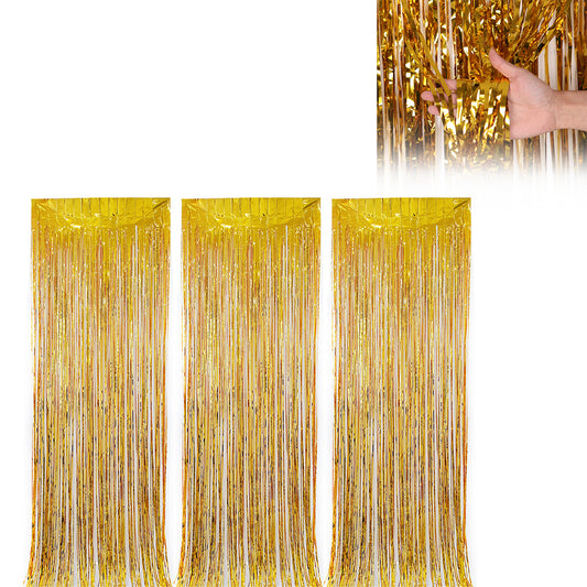 3Pcs 2m Fringe Backdrop Curtain Photo Props Celebration Party Decoration Gold