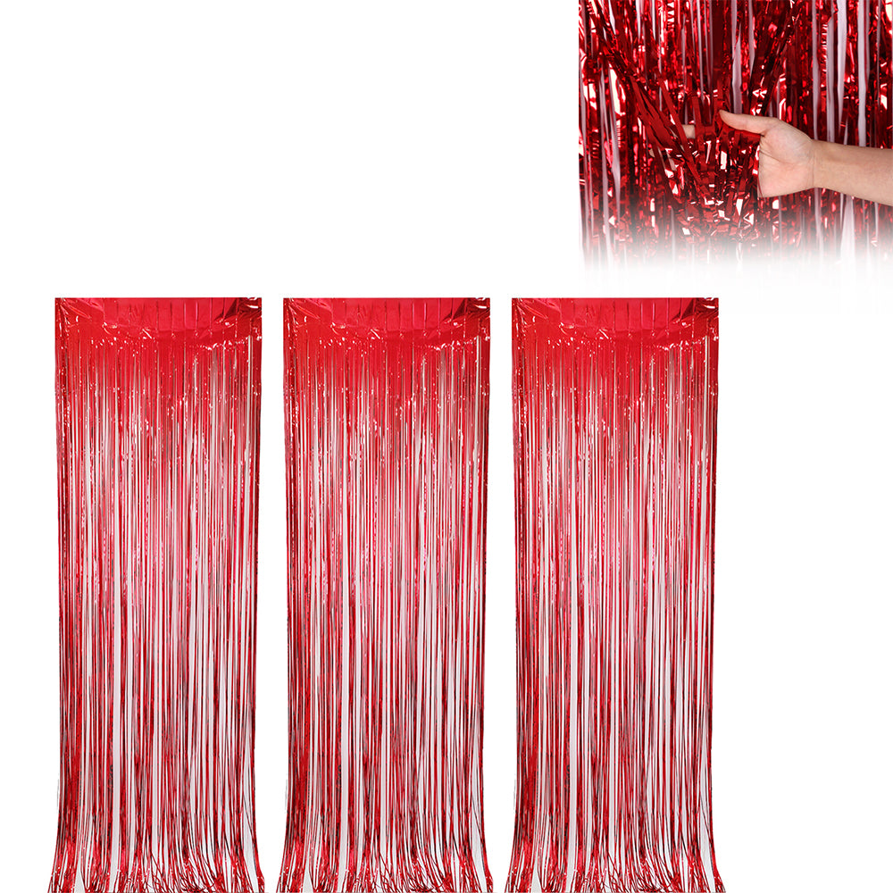 3Pcs 2m Fringe Backdrop Curtain Photo Props Celebration Party Decoration Red