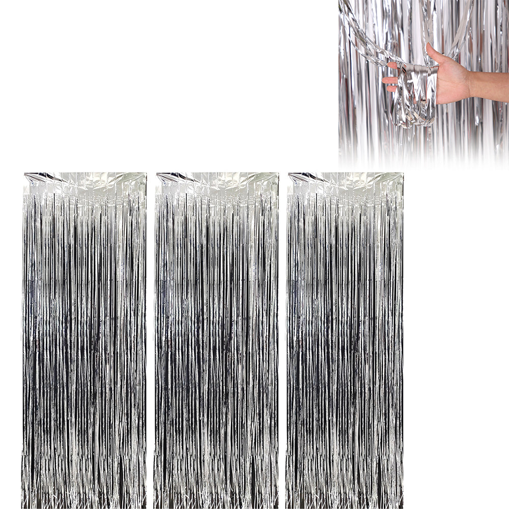 3Pcs 2m Fringe Backdrop Curtain Photo Props Celebration Party Decoration Silver