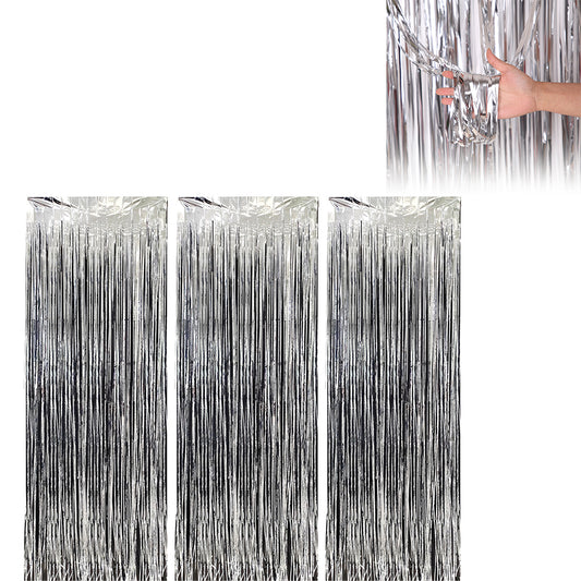 3Pcs 2m Fringe Backdrop Curtain Photo Props Celebration Party Decoration Silver