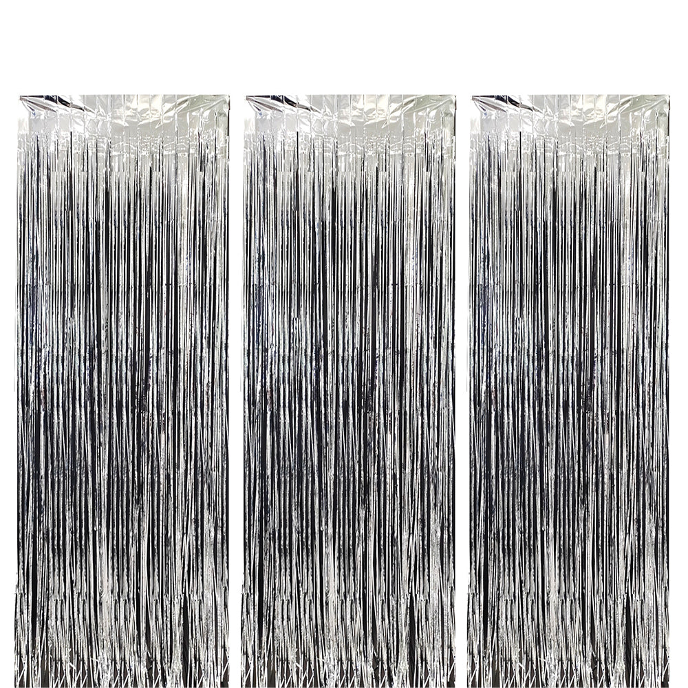 3Pcs 2m Fringe Backdrop Curtain Photo Props Celebration Party Decoration Silver