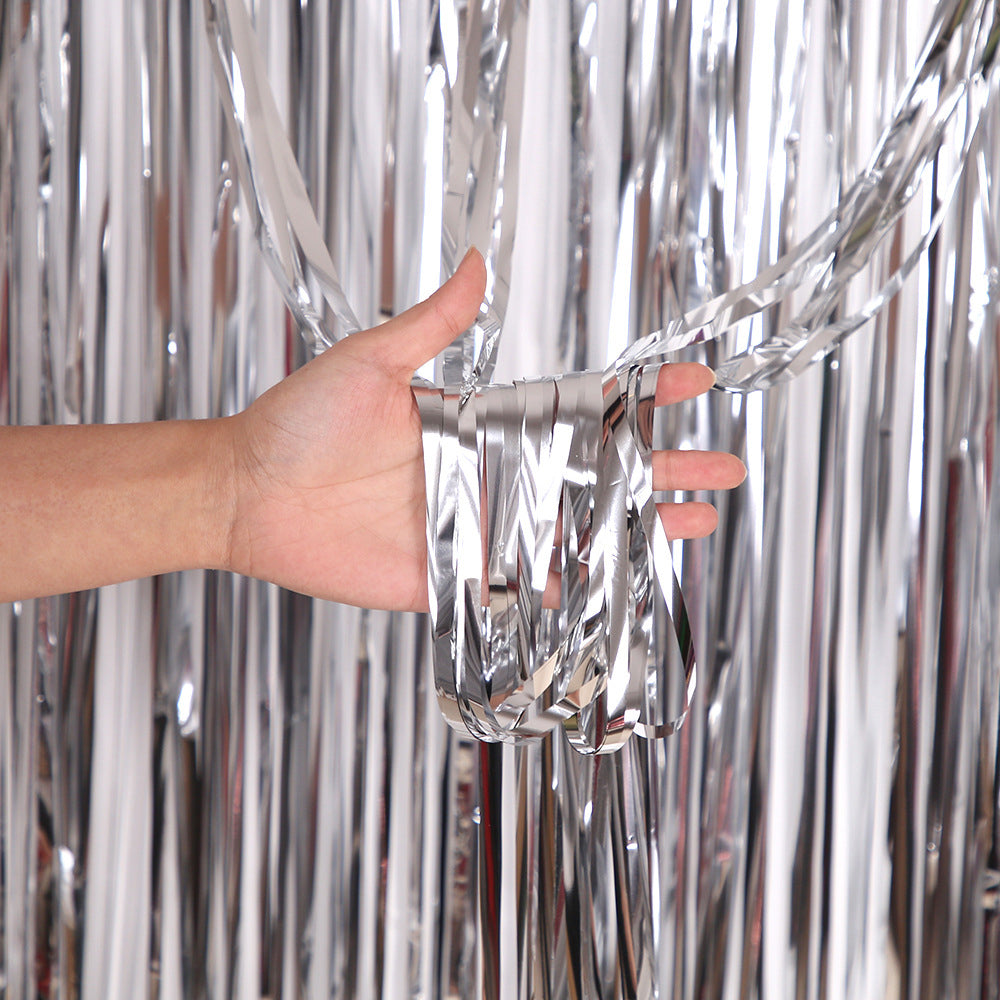 3Pcs 2m Fringe Backdrop Curtain Photo Props Celebration Party Decoration Silver