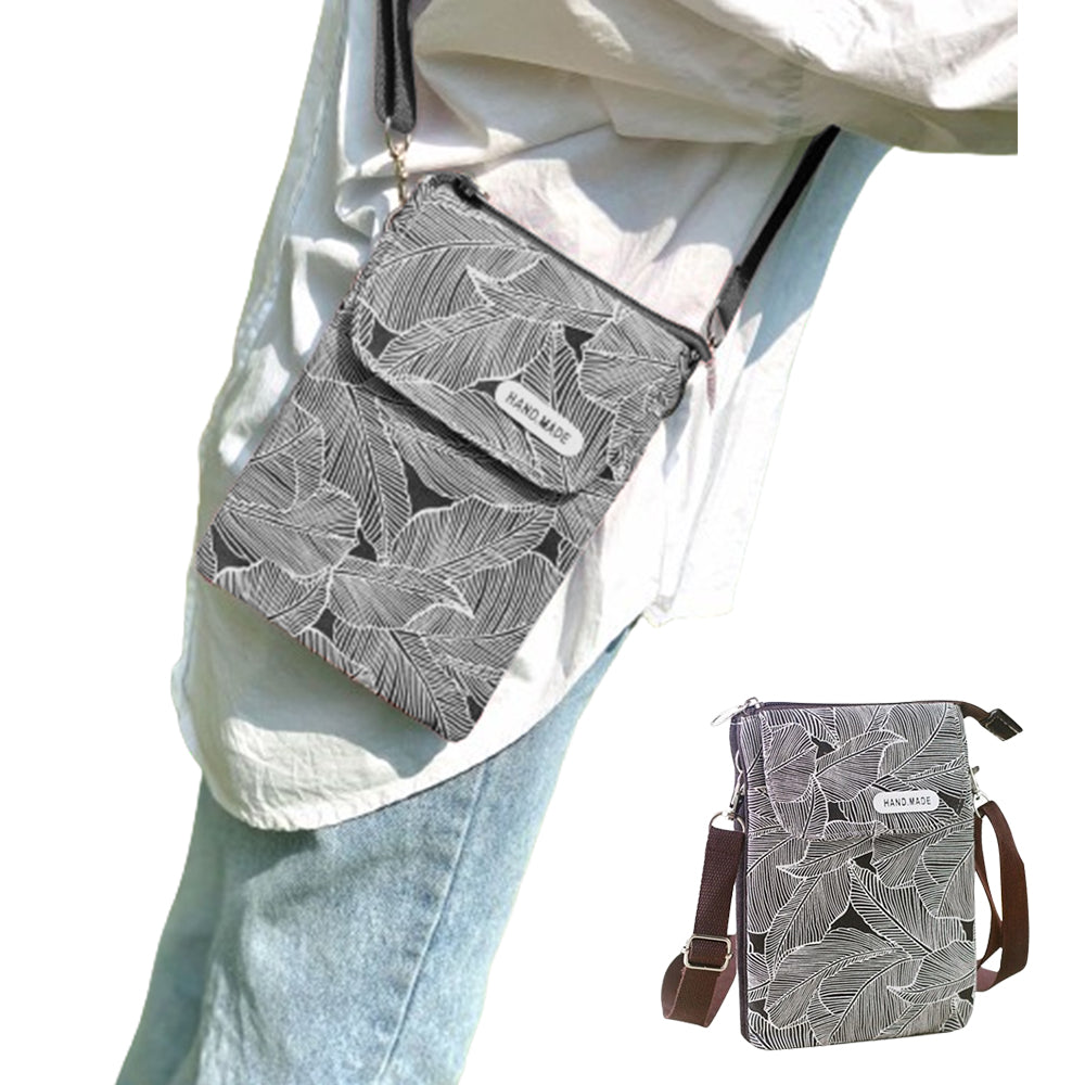 5 Layer Leaf Pattern Canvas Cell Phone Wallet Crossbody Bag Black