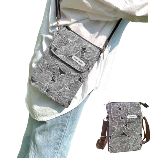 5 Layer Leaf Pattern Canvas Cell Phone Wallet Crossbody Bag Black