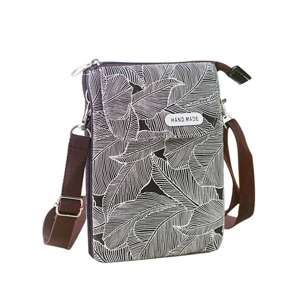 5 Layer Leaf Pattern Canvas Cell Phone Wallet Crossbody Bag Black