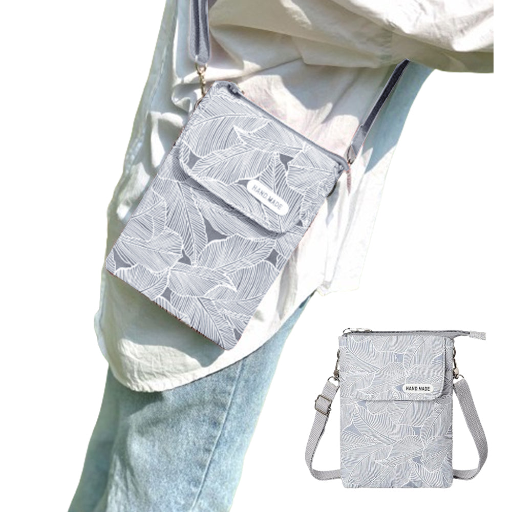5 Layer Leaf Pattern Canvas Cell Phone Wallet Crossbody Bag Grey