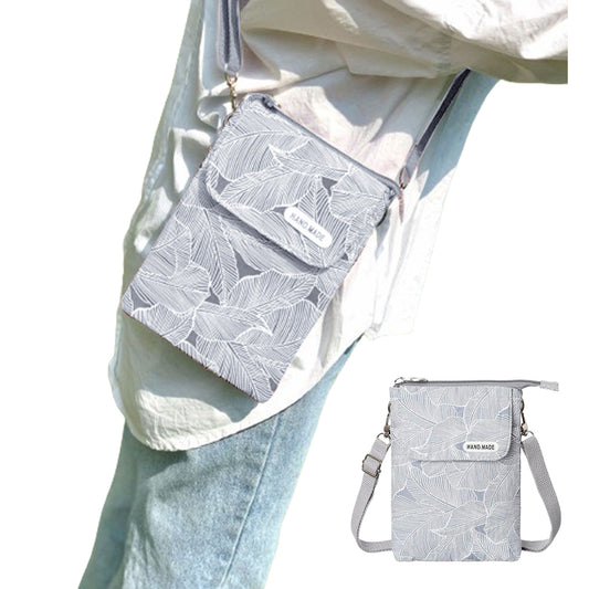 5 Layer Leaf Pattern Canvas Cell Phone Wallet Crossbody Bag Grey