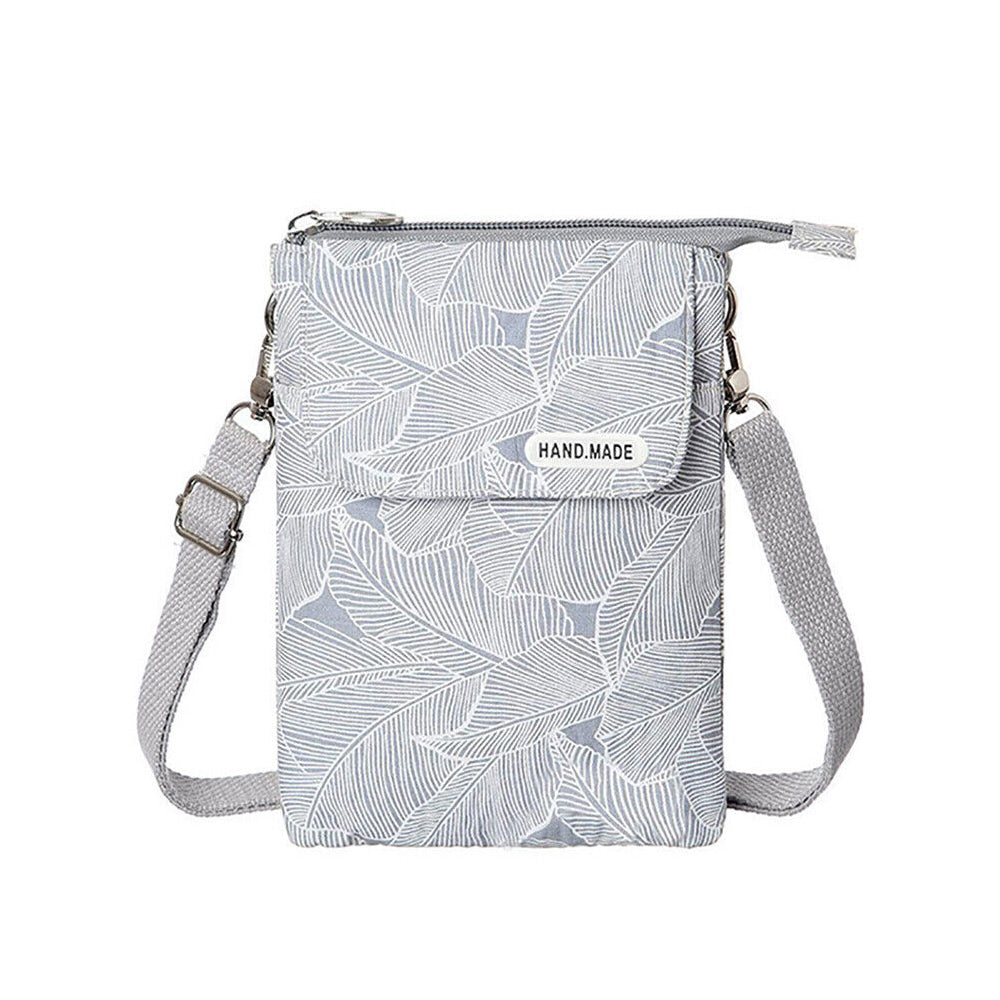 5 Layer Leaf Pattern Canvas Cell Phone Wallet Crossbody Bag Grey
