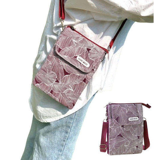 5 Layer Leaf Pattern Canvas Cell Phone Wallet Crossbody Bag Purple