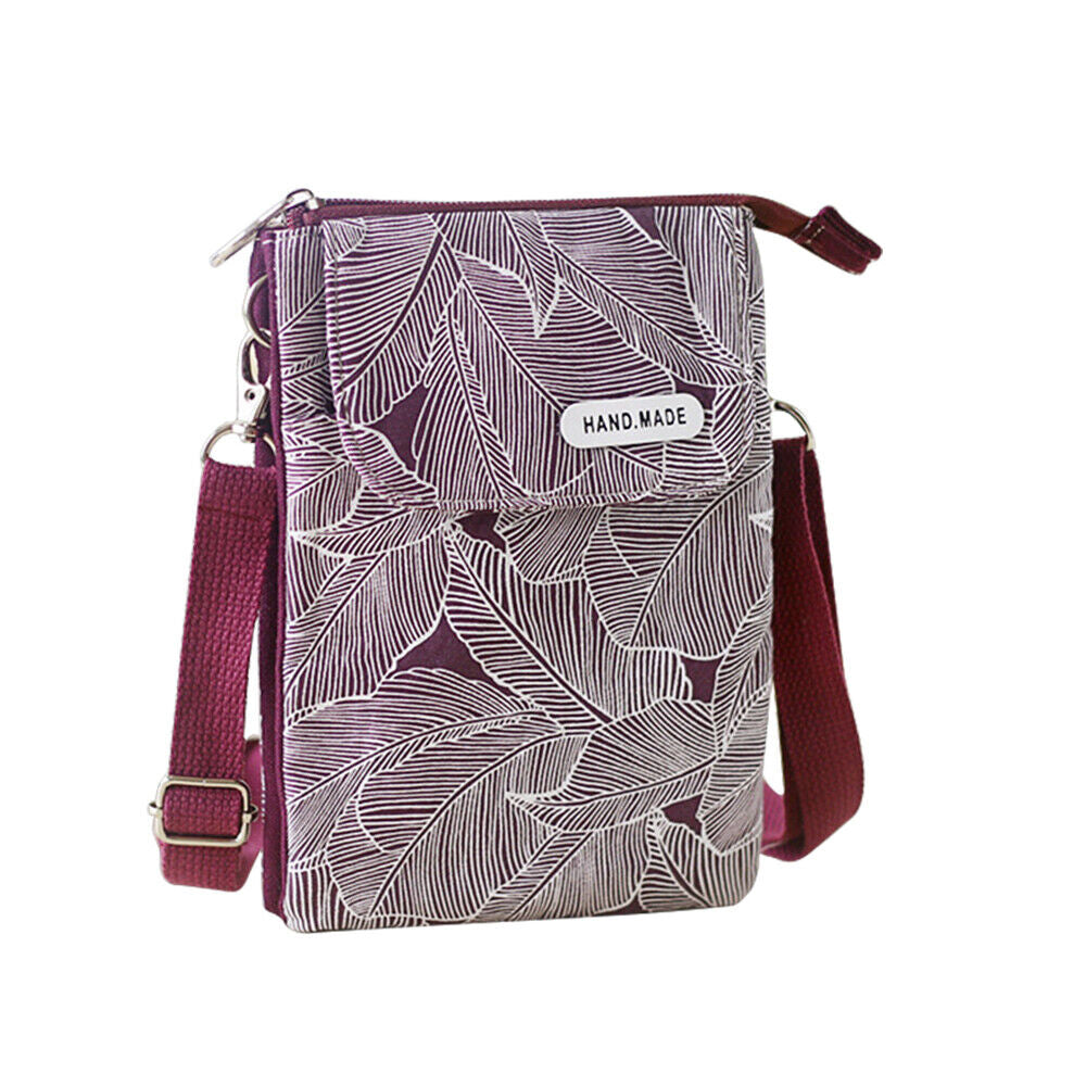 5 Layer Leaf Pattern Canvas Cell Phone Wallet Crossbody Bag Purple