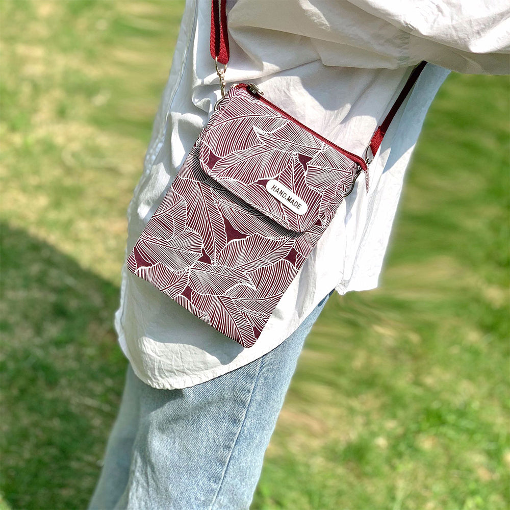 5 Layer Leaf Pattern Canvas Cell Phone Wallet Crossbody Bag Purple