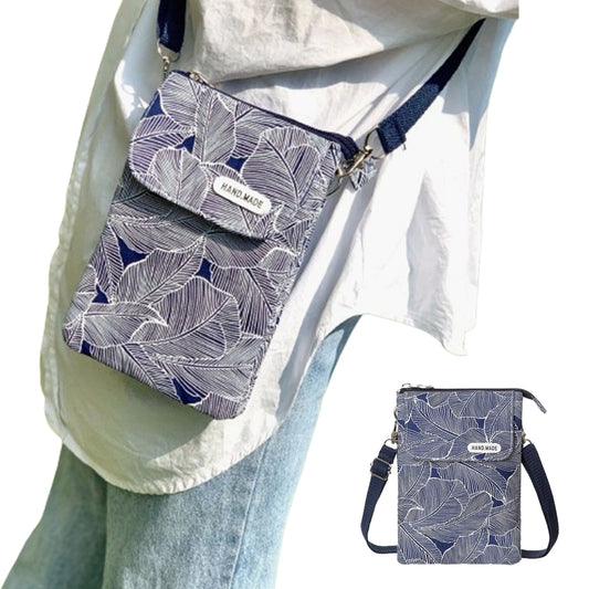 5 Layer Leaf Pattern Canvas Cell Phone Wallet Crossbody Bag Royal Blue