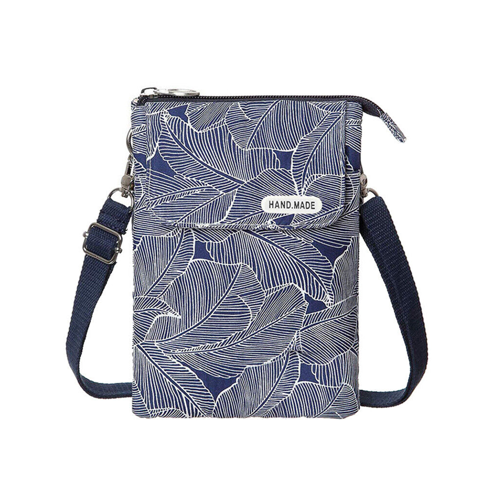 5 Layer Leaf Pattern Canvas Cell Phone Wallet Crossbody Bag Royal Blue