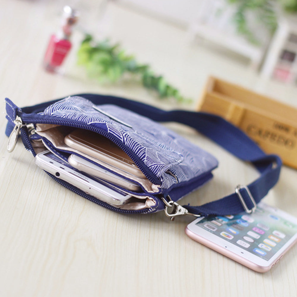 5 Layer Leaf Pattern Canvas Cell Phone Wallet Crossbody Bag Royal Blue
