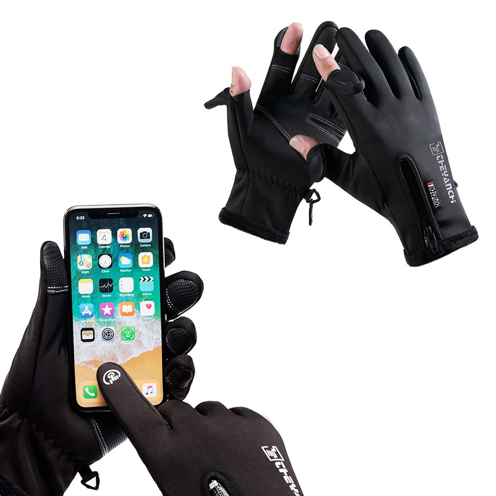 Winter Gloves 2 Finger Flip Touchscreen for Cycling Fishing Black L