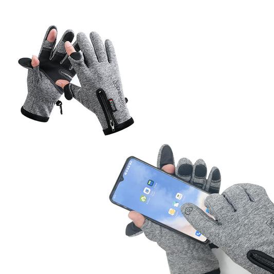 Winter Gloves 2 Finger Flip Touchscreen for Cycling Fishing Grey XL