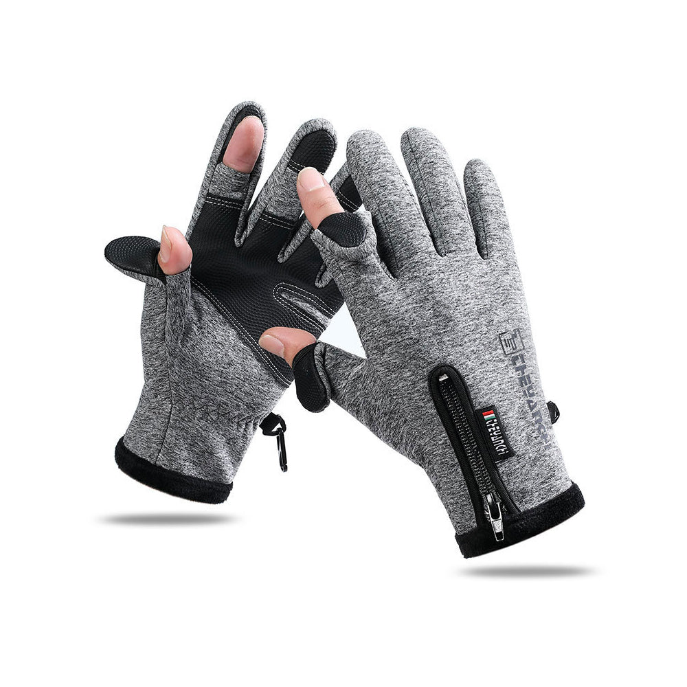 Winter Gloves 2 Finger Flip Touchscreen for Cycling Fishing Grey M