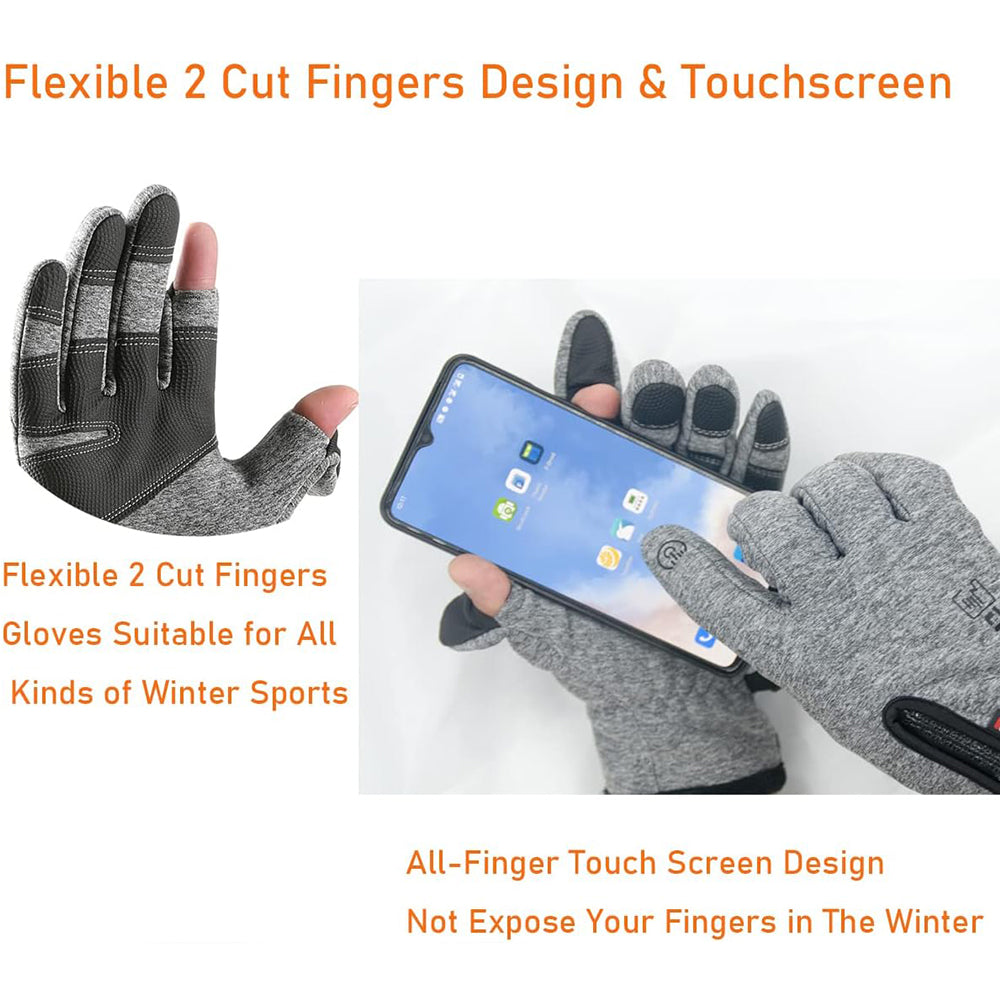 Winter Gloves 2 Finger Flip Touchscreen for Cycling Fishing Grey L