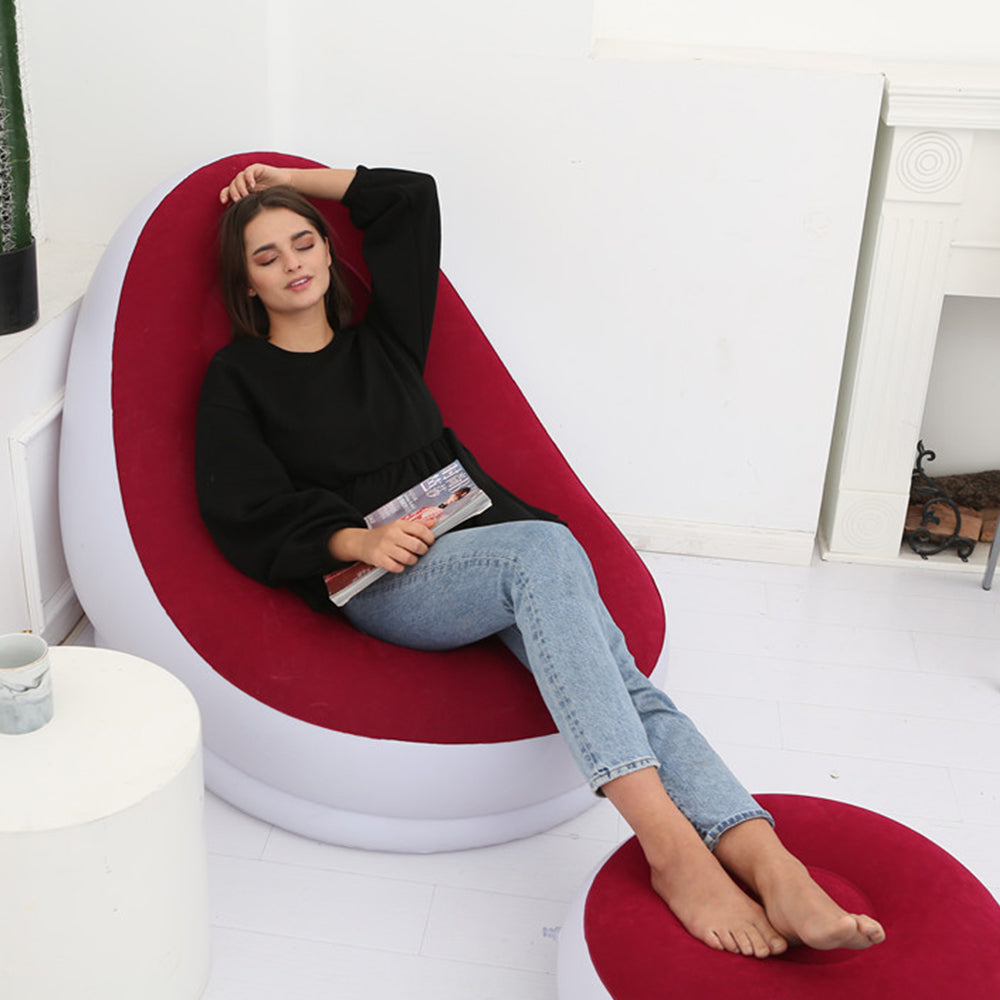 Inflatable Sofa Couch and Footrest Set Flocked Lounge Chair with Ottoman Red