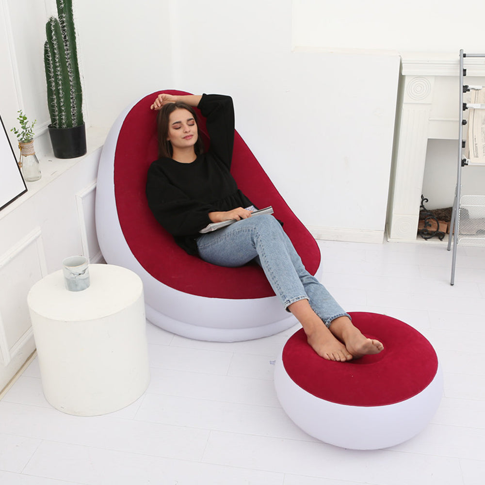 Inflatable Sofa Couch and Footrest Set Flocked Lounge Chair with Ottoman Red