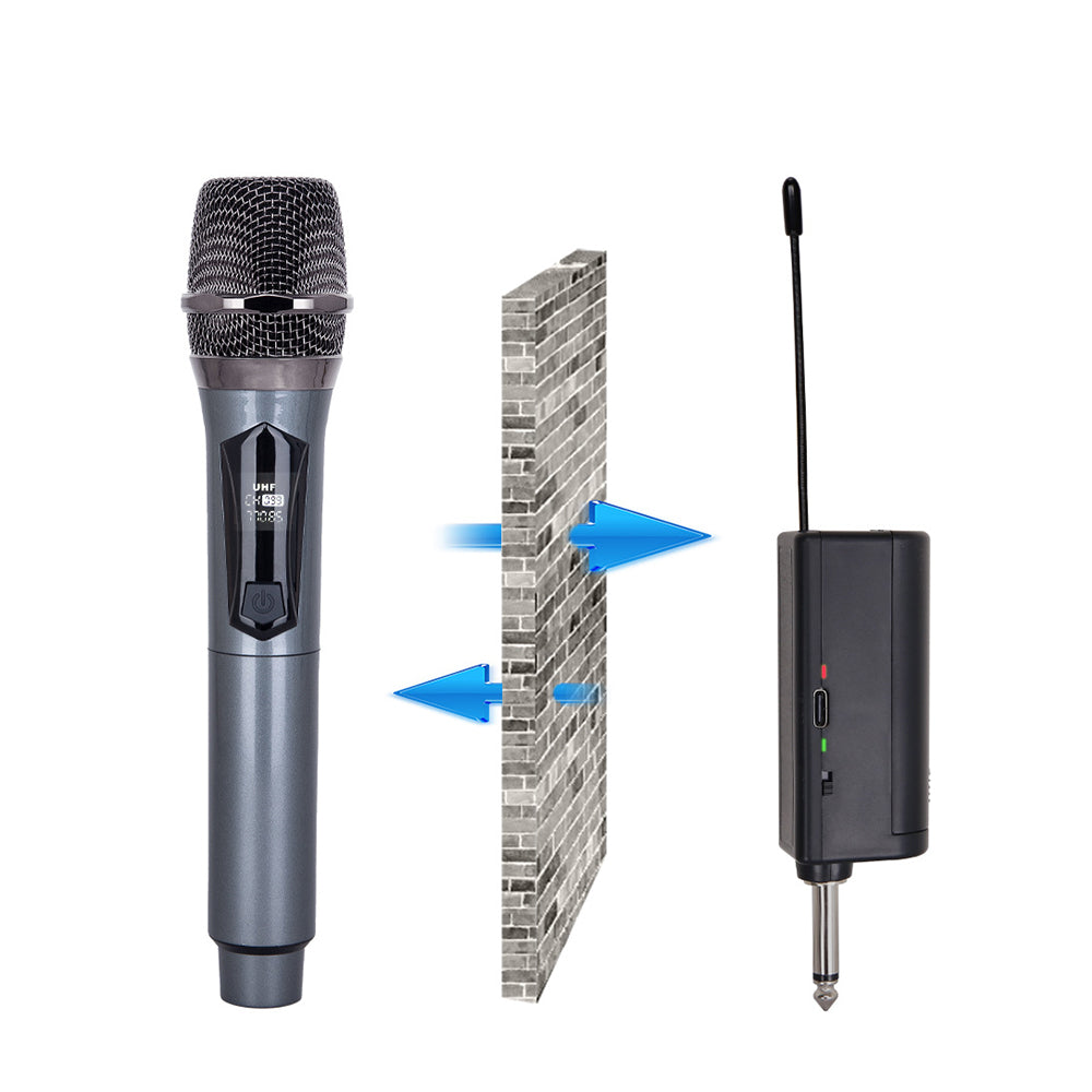 Wireless Microphone Handheld UHF Dynamic Mic System Karaoke Receiver Grey