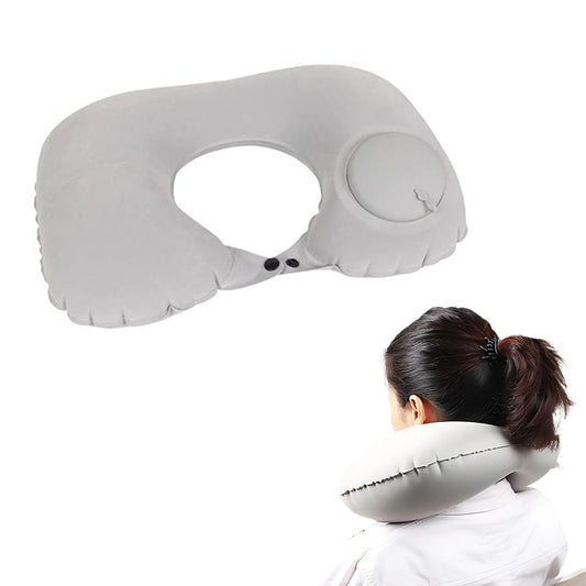 Press Type Inflatable U Shaped Travel Neck Pillow Flight Head Rest Cushion Grey