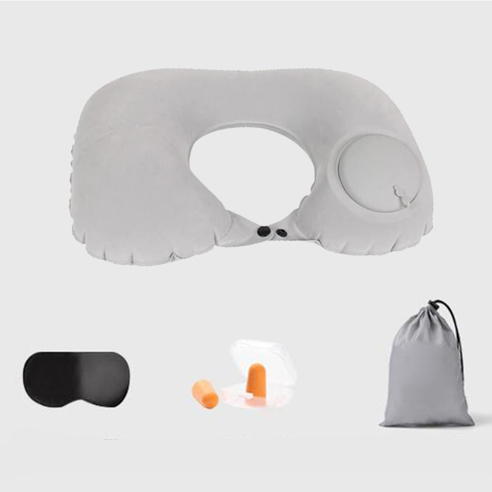 Press Type Inflatable U Shaped Travel Neck Pillow Flight Head Rest Cushion Grey