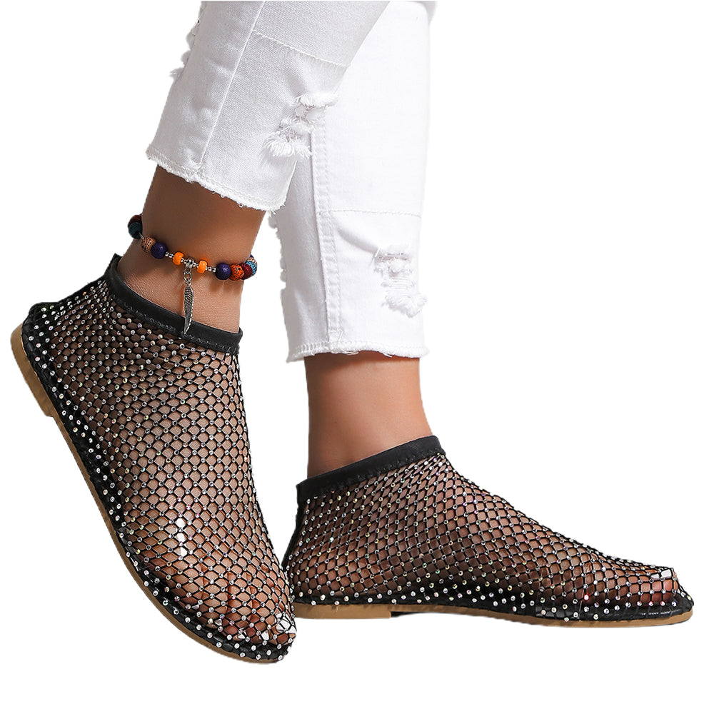 Women's Rhinestone Sandals Mesh Flats Round Toe Sexy Short Boots Black NZ8