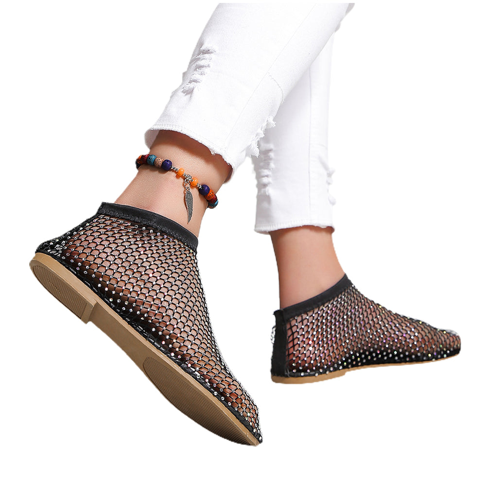 Women's Rhinestone Sandals Mesh Flats Round Toe Sexy Short Boots Black NZ8