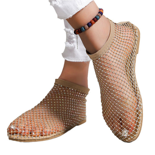 Women's Rhinestone Sandals Mesh Flats Round Toe Sexy Short Boots Champagne NZ9