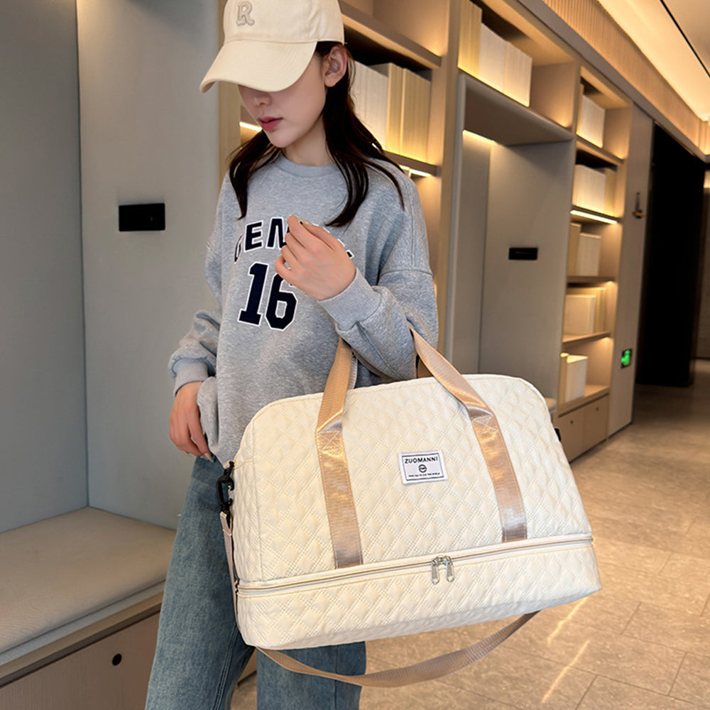 Large Capacity Travel Duffel Bag Versatile Shoe Compartment Tote Bag Beige