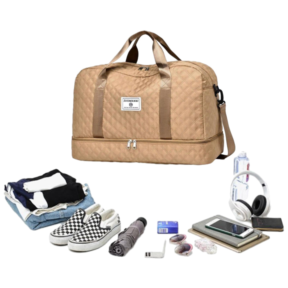 Large Capacity Travel Duffel Bag Versatile Shoe Compartment Tote Bag Khaki