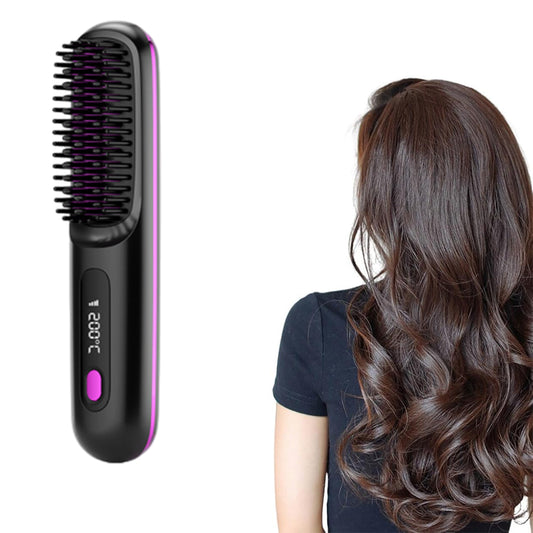 Portable Cordless Hair Straightener Brush LCD Display Straightening Comb Black