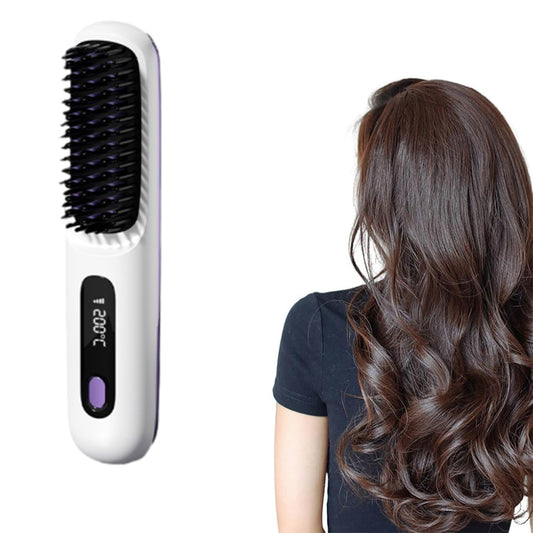Portable Cordless Hair Straightener Brush LCD Display Straightening Comb White
