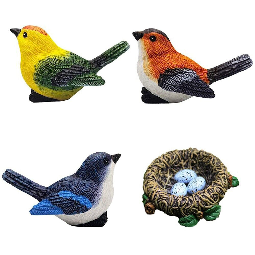 4Pcs Fairy Garden Birds with Nest Ornament Miniature Resin Bird Figurine