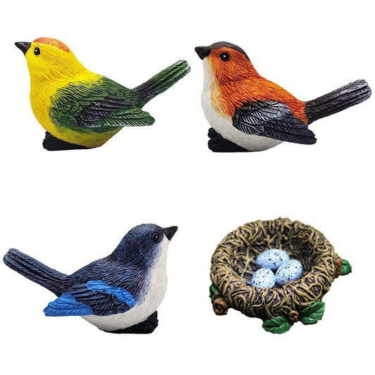 4Pcs Fairy Garden Birds with Nest Ornament Miniature Resin Bird Figurine