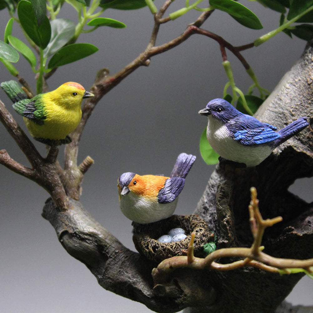 4Pcs Fairy Garden Birds with Nest Ornament Miniature Resin Bird Figurine
