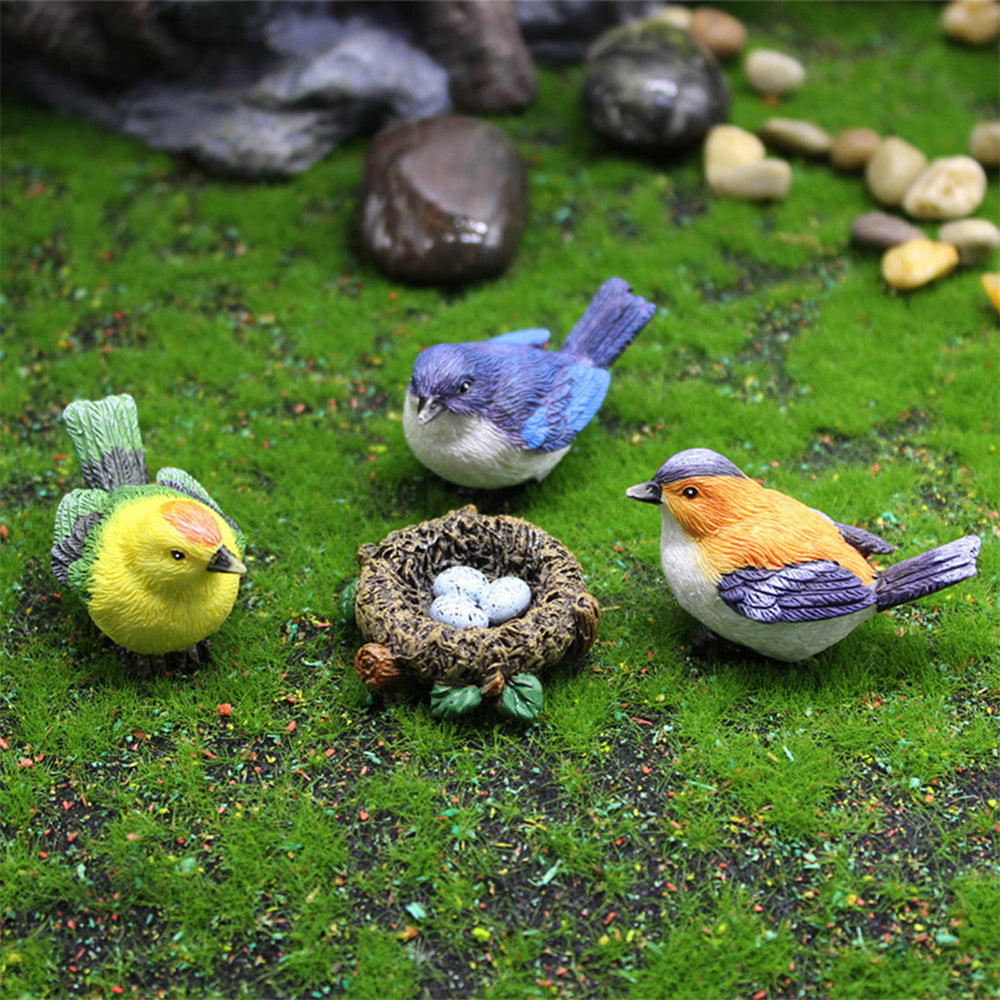 4Pcs Fairy Garden Birds with Nest Ornament Miniature Resin Bird Figurine