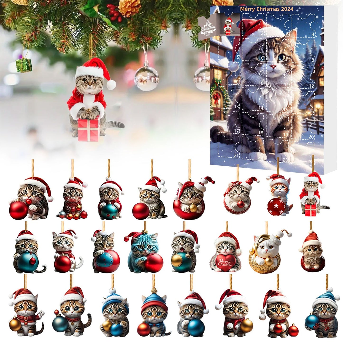2D Acrylic Cat Christmas Ornaments 24 Days Calendar Blind Box