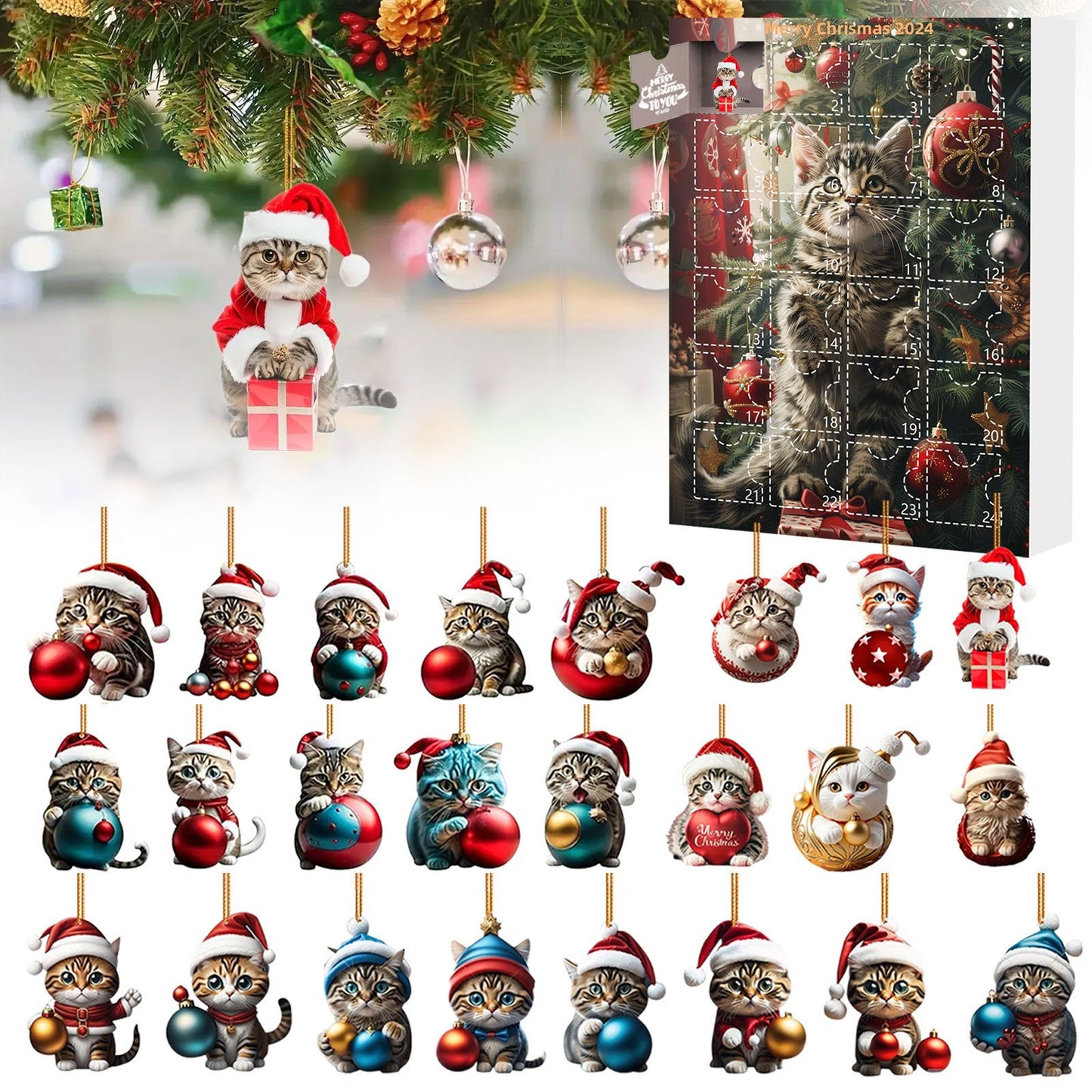 2D Acrylic Cat Christmas Ornaments 24 Days Calendar Blind Box