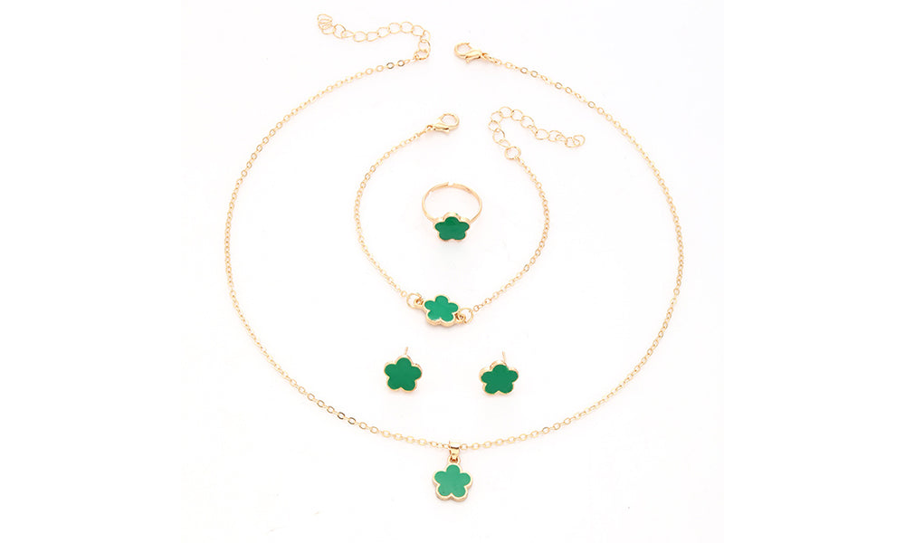 4Pcs Set 5-Leaf Clover Jewelry for Women Ring Necklace Bracelet