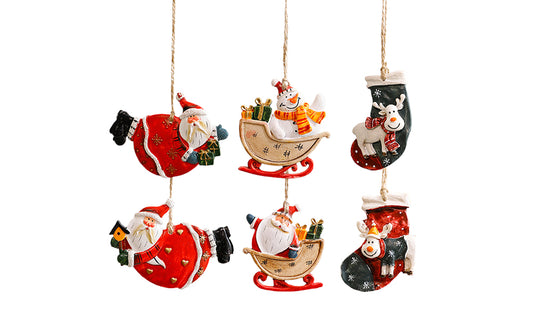Resin Christmas Tree Ornaments 6 Pack Santa Snowman Stocking Sleigh Holiday Hanging Decorations