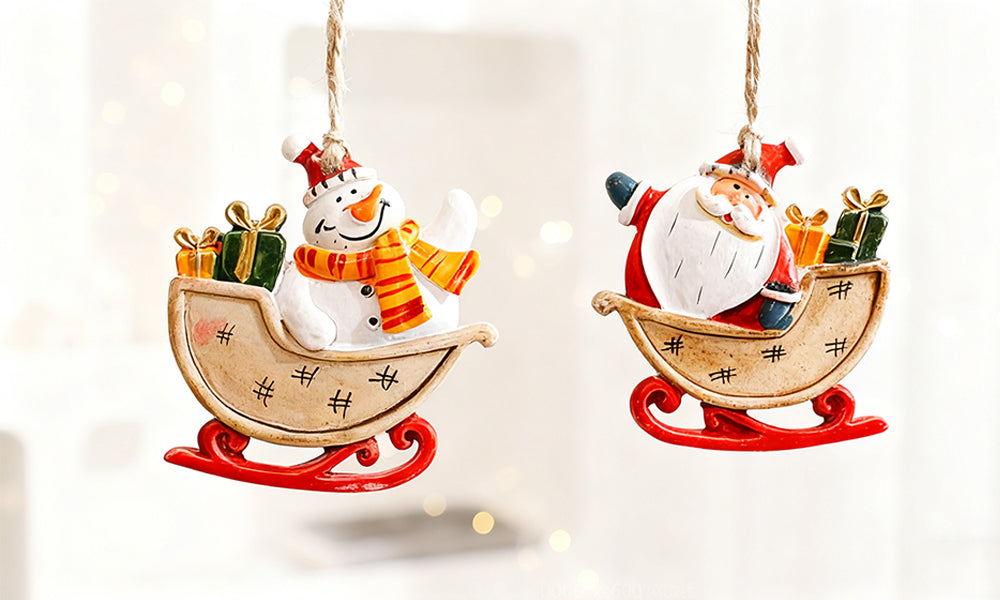 Resin Christmas Tree Ornaments 6 Pack Santa Snowman Stocking Sleigh Holiday Hanging Decorations