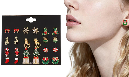 12 Pairs Christmas Earrings Set – Festive Stud Earrings